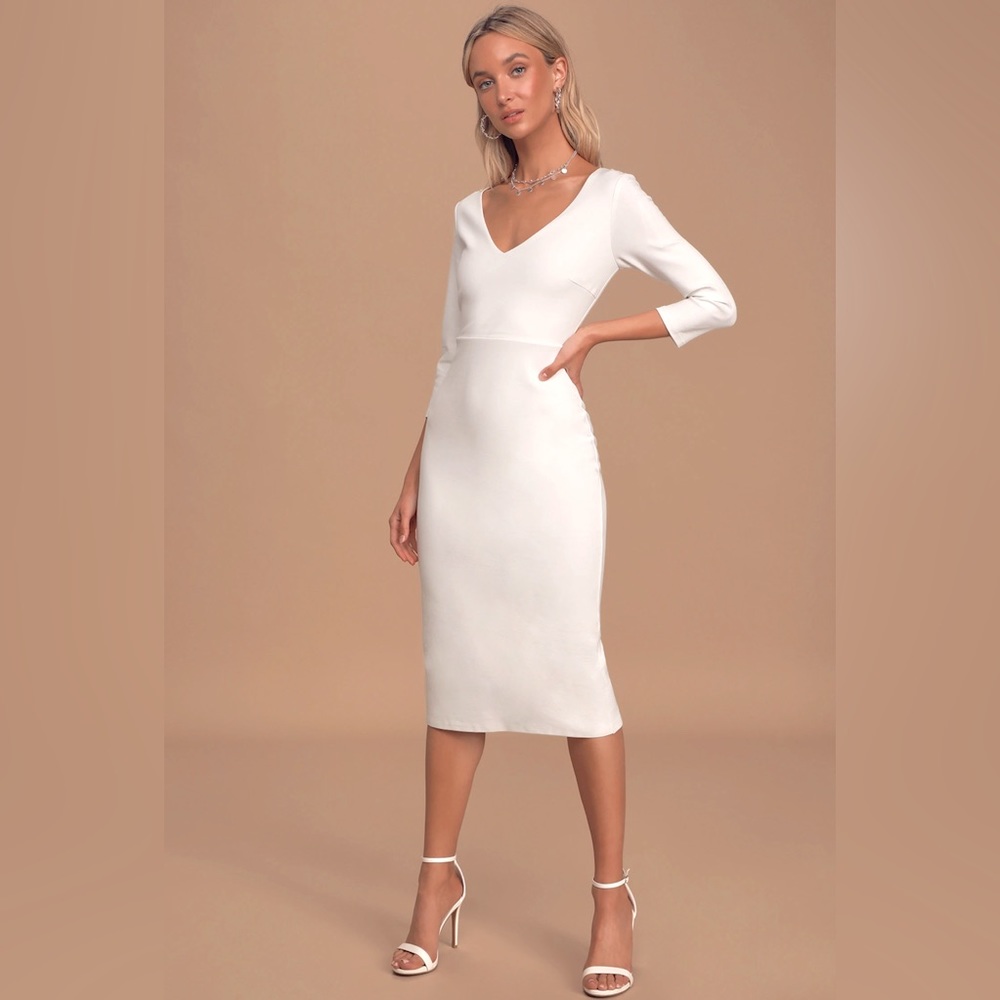 White Three-Quarter Sleeve Bodycon Midi Dress